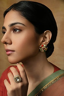 Gold Plated Moissanite Polki & Navratna Stone Stud Earrings In Sterling Silver