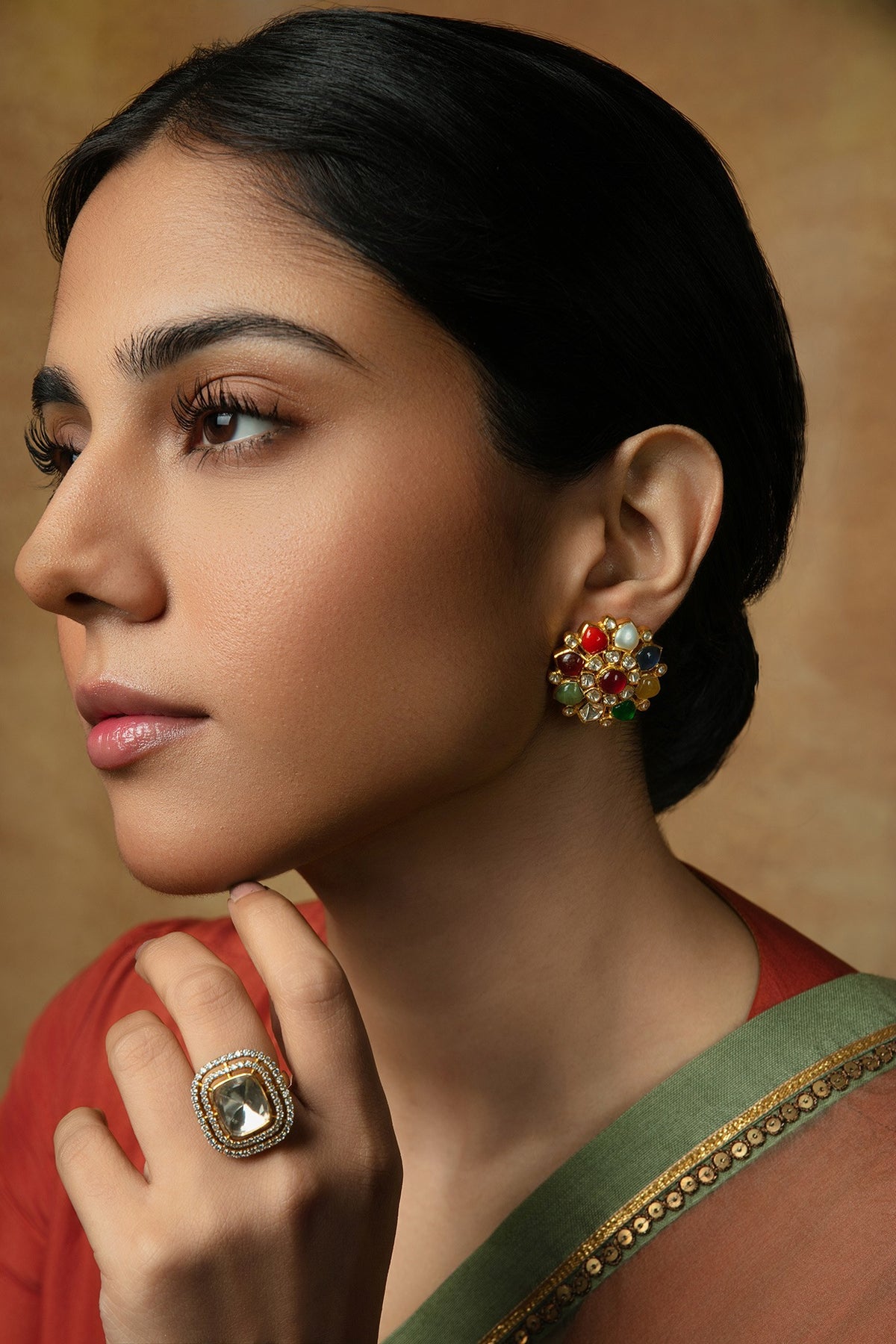 Gold Plated Moissanite Polki & Navratna Stone Stud Earrings In Sterling Silver
