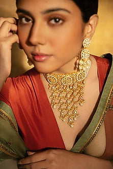 Gold Plated Moissanite Stone & Pearl Drop Choker Necklace In Sterling Silver