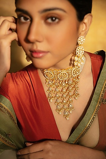 Gold Plated Moissanite Stone & Pearl Drop Choker Necklace In Sterling Silver