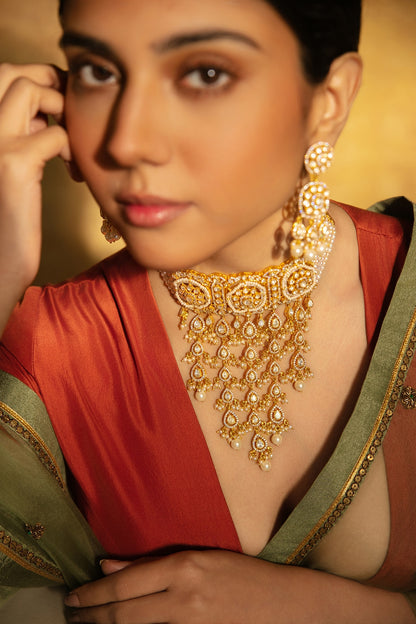 Gold Plated Moissanite Stone & Pearl Drop Choker Necklace In Sterling Silver