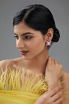 Gold Finish Polki Stone Stud Earrings In Sterling Silver