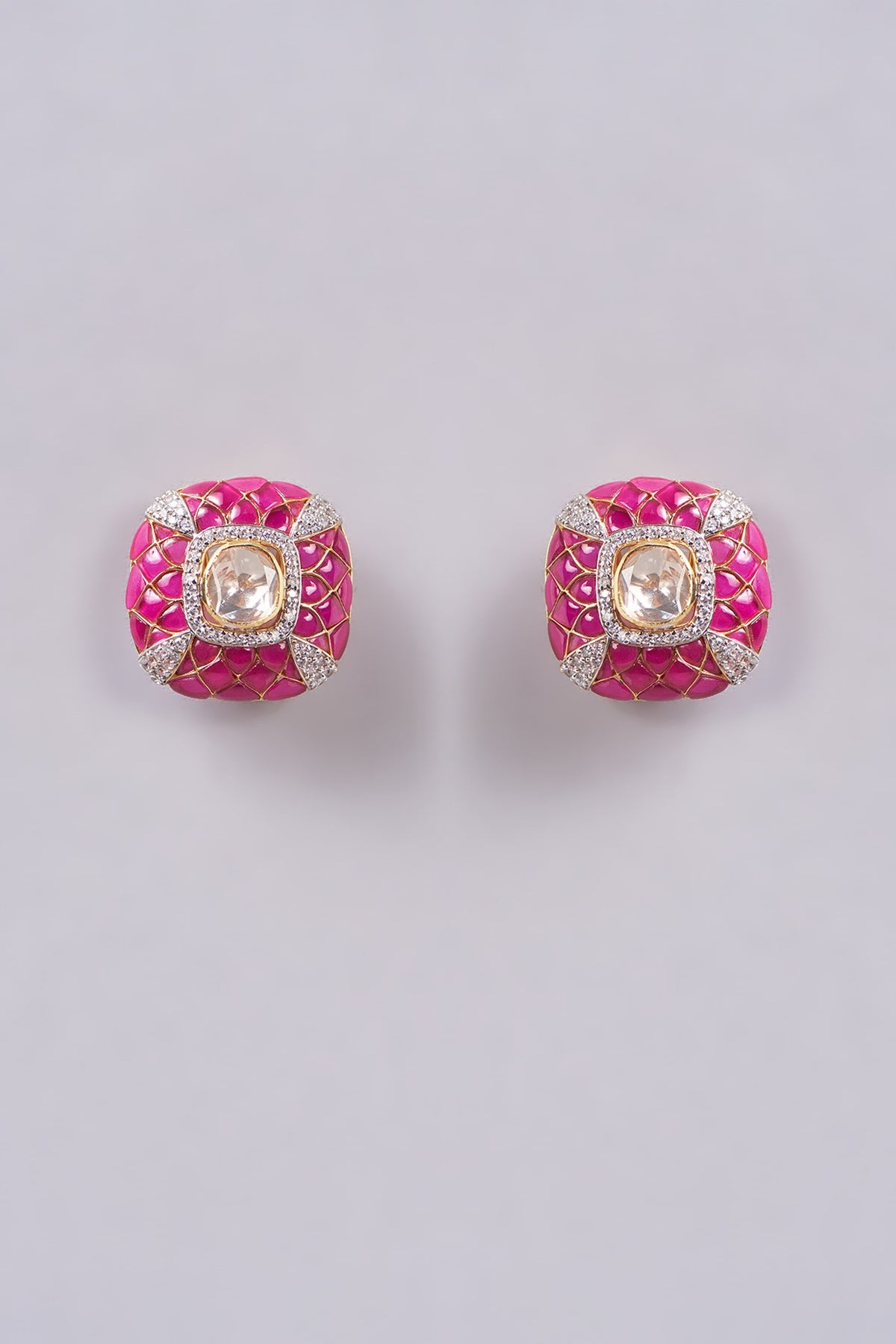 Gold Finish Polki Stone Stud Earrings In Sterling Silver