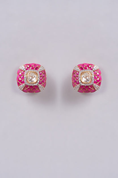 Gold Finish Polki Stone Stud Earrings In Sterling Silver