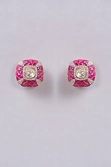 Gold Finish Polki Stone Stud Earrings In Sterling Silver