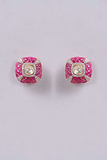 Gold Finish Polki Stone Stud Earrings In Sterling Silver