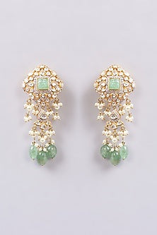Gold Finish Kundan Polki & Pearl Jhumka Earrings In Sterling Silver