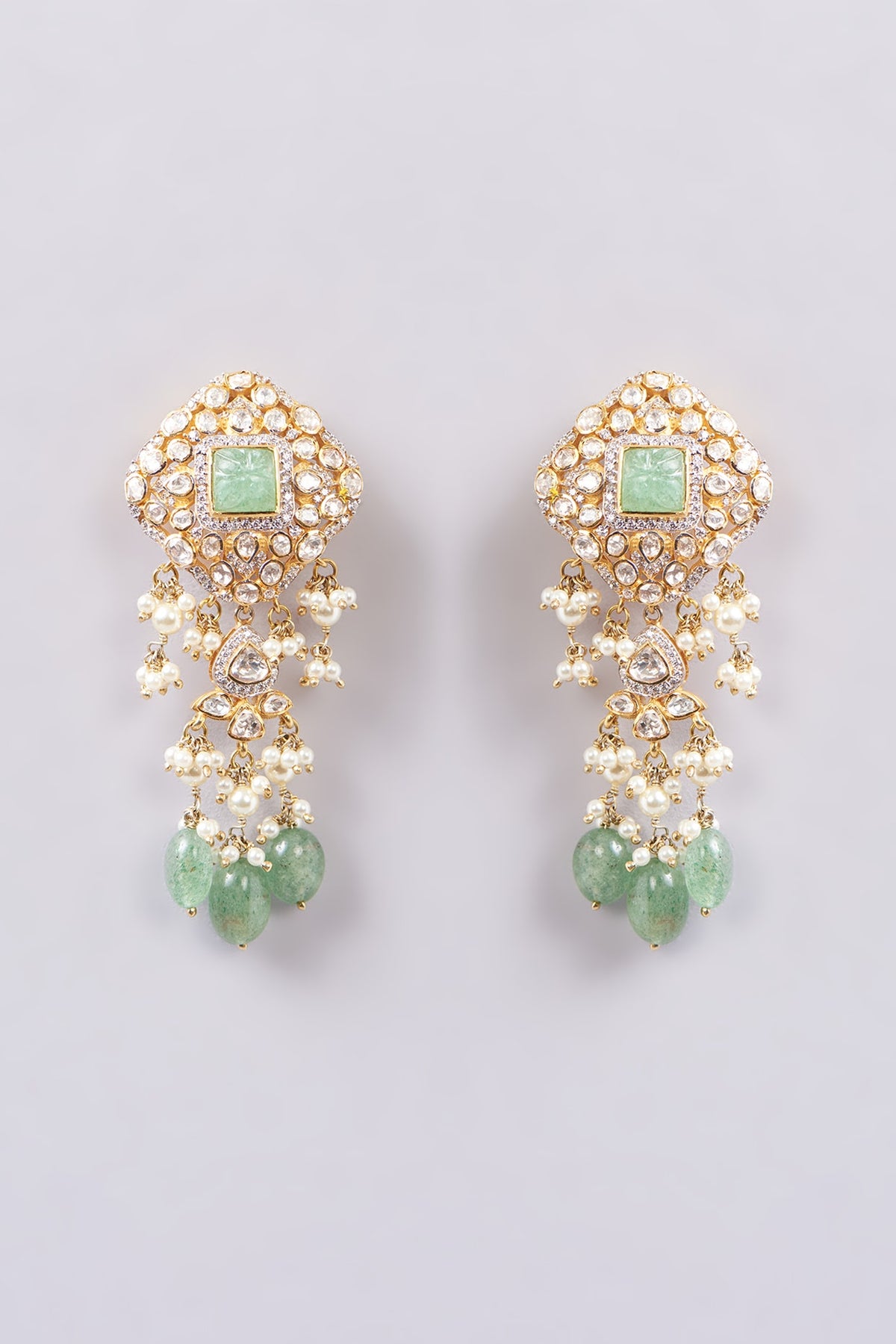 Gold Finish Kundan Polki & Pearl Jhumka Earrings In Sterling Silver