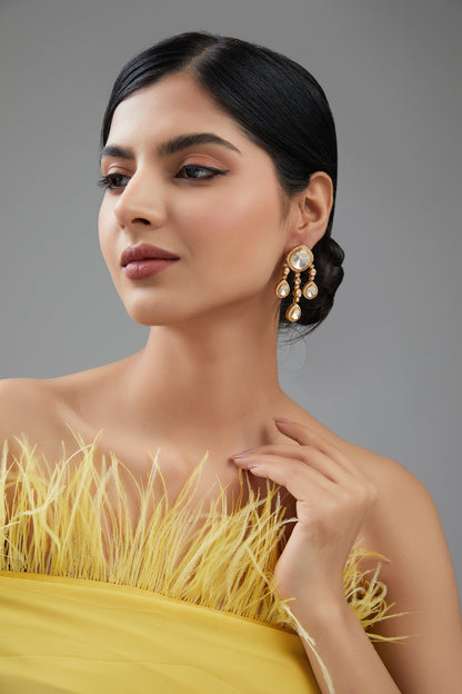 Gold Finish White Synthetic Stone Dangler Earrings In Sterling Silver