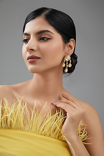 Gold Finish White Synthetic Stone Dangler Earrings In Sterling Silver