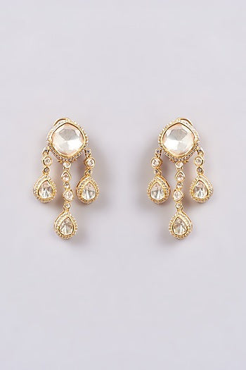 Gold Finish White Synthetic Stone Dangler Earrings In Sterling Silver
