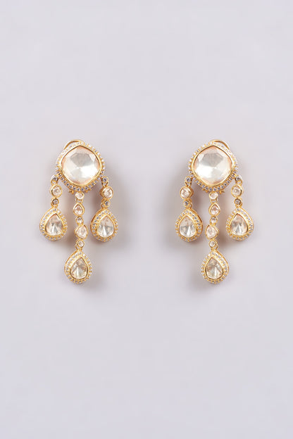 Gold Finish White Synthetic Stone Dangler Earrings In Sterling Silver