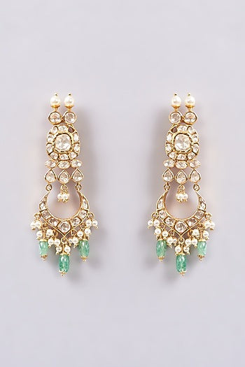 Gold Plated Kundan Polki & White Synthetic Stone Jhumka Earrings In Sterling Silver
