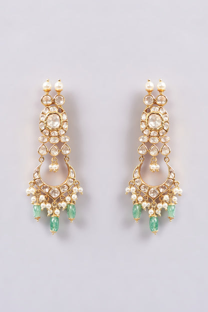 Gold Plated Kundan Polki & White Synthetic Stone Jhumka Earrings In Sterling Silver
