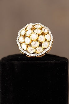 Gold Finish Kundan Polki Adjustable Ring In Sterling Silver