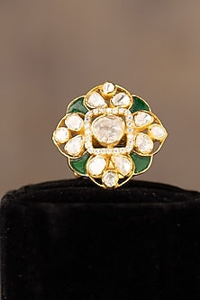 Gold Finish Kundan Polki Adjustable Ring In Sterling Silver
