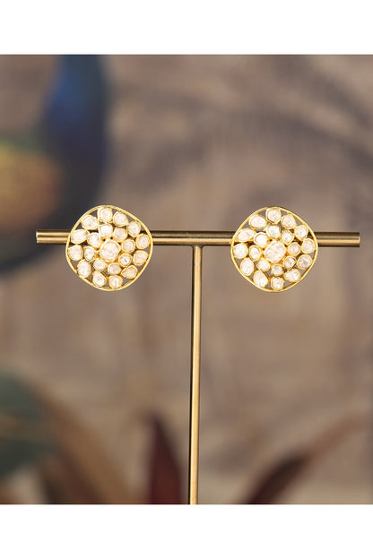 Gold Finish Kundan Polki Rabia Stud Earrings In Sterling Silver