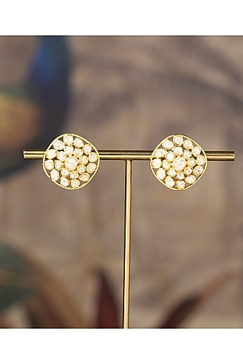 Gold Finish Kundan Polki Rabia Stud Earrings In Sterling Silver