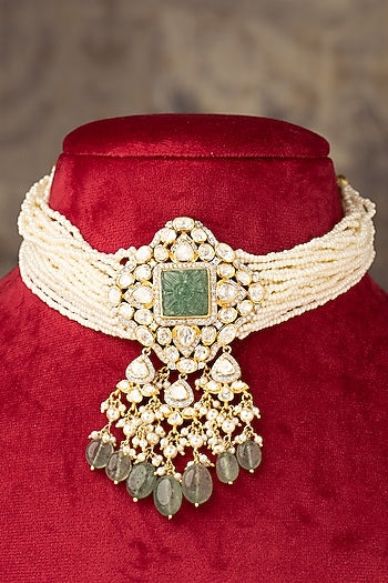 Gold Finish Green Pearl & Beaded Choker Necklace In Sterling Silver