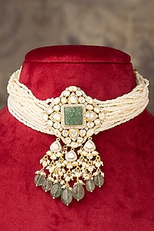 Gold Finish Green Pearl & Beaded Choker Necklace In Sterling Silver