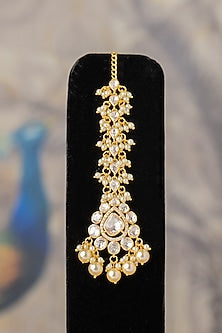 Gold Plated Pearl & Moissanite Diamond Maangtikka In Sterling Silver
