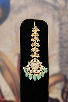 Gold Finish Moissanite Diamond & Green Stone Maangtikka In Sterling Silver