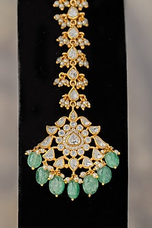 Gold Finish Moissanite Diamond & Green Stone Maangtikka In Sterling Silver