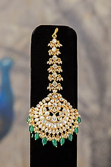 Gold Finish Moissanite Diamond & Kundan Polki Maangtikka In Sterling Silver