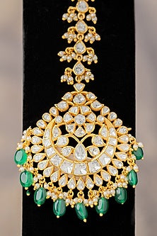 Gold Finish Moissanite Diamond & Kundan Polki Maangtikka In Sterling Silver