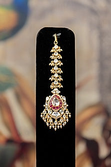 Gold Finish Moissanite Diamond & Kundan Polki Maangtikka In Sterling Silver