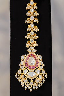 Gold Finish Moissanite Diamond & Kundan Polki Maangtikka In Sterling Silver