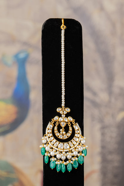 Gold Plated Moissanite Diamond & Kundan Polki Maangtikka In Sterling Silver