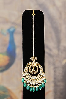 Gold Plated Moissanite Diamond & Kundan Polki Maangtikka In Sterling Silver