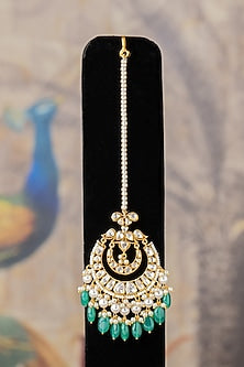 Gold Plated Moissanite Diamond & Kundan Polki Maangtikka In Sterling Silver