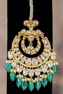 Gold Plated Moissanite Diamond & Kundan Polki Maangtikka In Sterling Silver