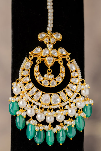 Gold Plated Moissanite Diamond & Kundan Polki Maangtikka In Sterling Silver
