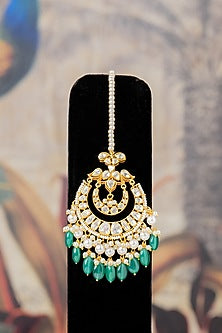 Gold Plated Moissanite Diamond & Kundan Polki Maangtikka In Sterling Silver
