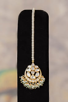 Gold Finish Moissanite Diamond & Green Beaded Maangtikka In Sterling Silver