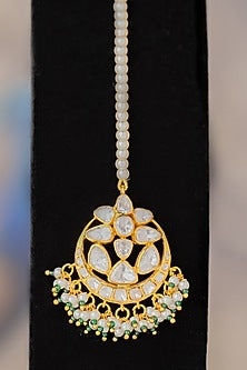 Gold Finish Moissanite Diamond & Green Beaded Maangtikka In Sterling Silver