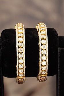 Gold Finish Moissanite Polki Bangles In Sterling Silver (Set Of 2)