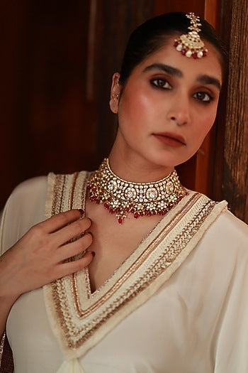 Gold Plated Kundan Polki & Ruby Maangtikka In Sterling Silver