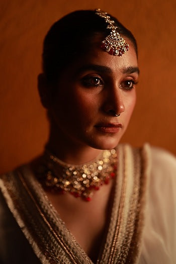 Gold Plated Kundan Polki & Ruby Maangtikka In Sterling Silver