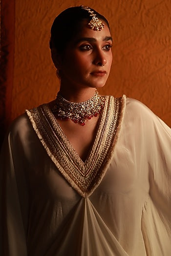 Gold Plated Kundan Polki & Ruby Maangtikka In Sterling Silver