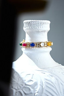 Gold Finish Navratna Gemstone Bracelet In Sterling Silver