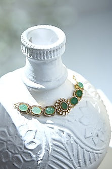 Gold Plated Green & White Stone Handcrafted Bracelet In Sterling Silver