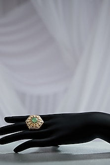 Gold Plated Green Stone & Kundan Embellished Adjustable Statement Ring In Sterling Silver