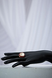 Gold Plated Red & White Stone Adjustable Ring In Sterling Silver