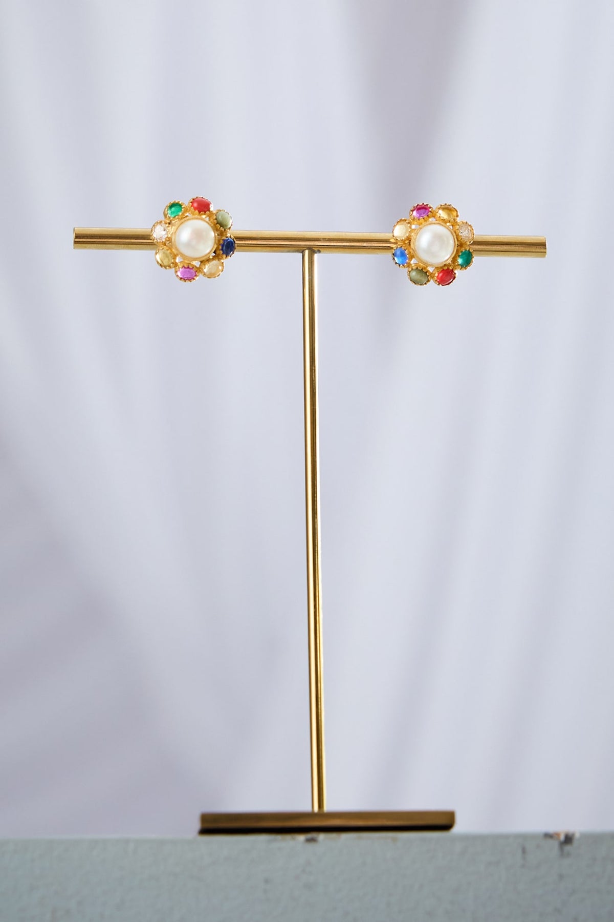 Gold Plated Multi-Colored Stone Stud Earrings In Sterling Silver