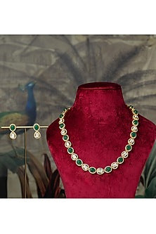 Gold Plated Moissanite Polki & Green Synthetic Stone Long Necklace Set In Sterling Silver