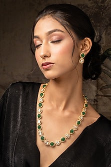 Gold Plated Moissanite Polki & Green Synthetic Stone Long Necklace Set In Sterling Silver
